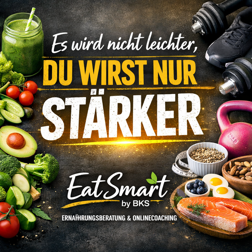 Text mit motivierendem Spruch, gesunde Lebensmittel und Fitnessgeräte im Hintergrund.