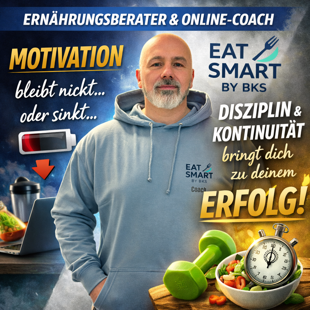Ernährungsberater mit Fitnessgeräten, motivierender Slogan und Logo von Eat Smart.