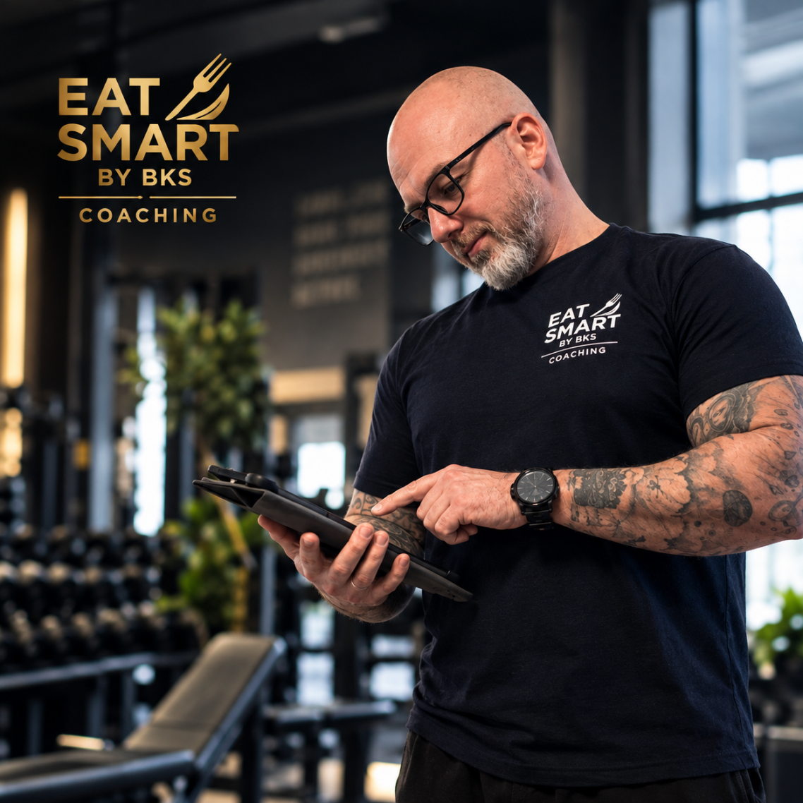 Online Coaching Lächelnder Mann in grauer Kapuzenjacke steht in einem modernen Fitnessstudio.