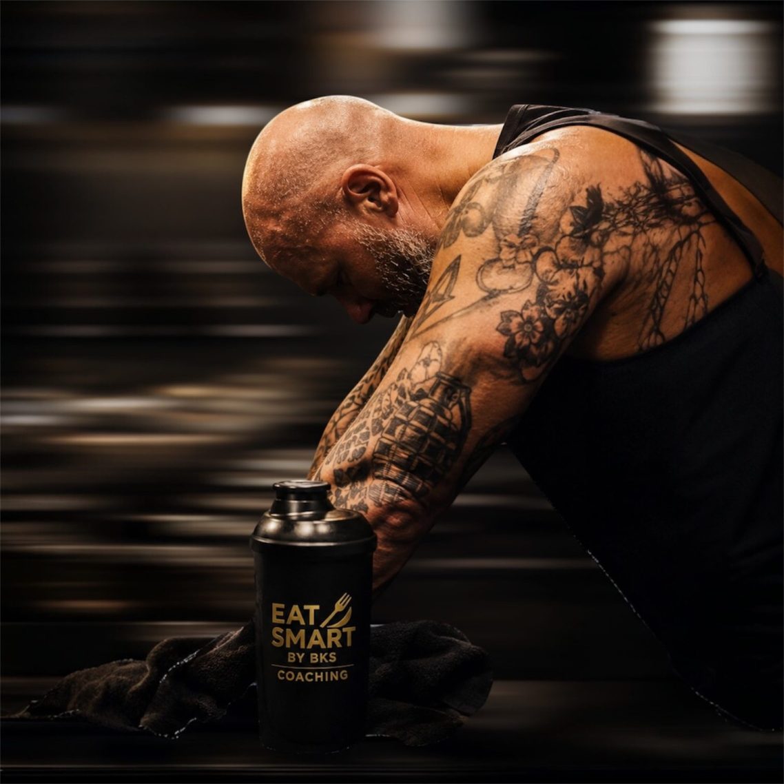 Online Coaching Ernährungsberater mit Fitnessgeräten, motivierender Slogan und Logo von Eat Smart.