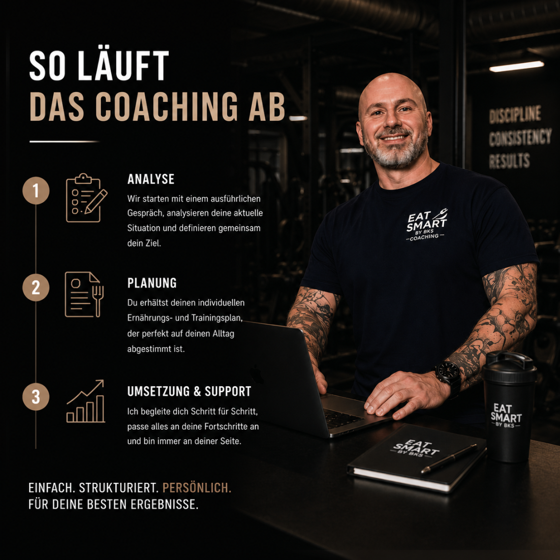 Ein Mann mit grauem Bart in einem Hoodie steht vor gesunden Lebensmitteln und Werbung.